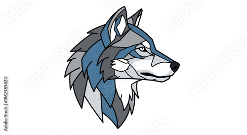 Illustration of a wolf's head in profile showcasing its gray fur and blue accents.