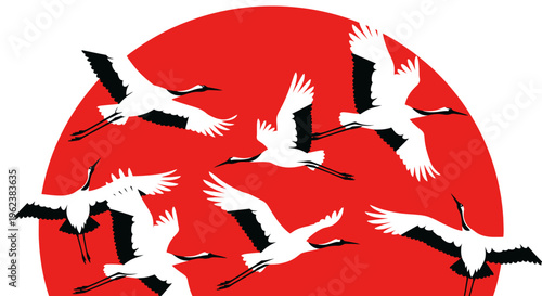 A flock of birds flies across a vibrant red sunset sky.