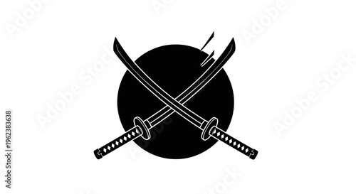 The illustration depicts crossed samurai swords with sheathed handles in front of a solid black circular background.