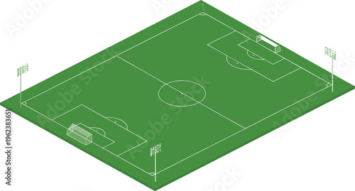 Isometric football soccer field with goals stadium lights green pitch sports arena ground vector illustration design perspective