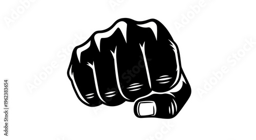 A clenched fist is raised high in protest or defiance in a bold graphic illustration.