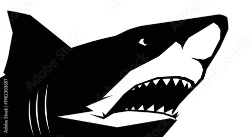 A large shark with its mouth open and sharp teeth is swimming in the ocean water.