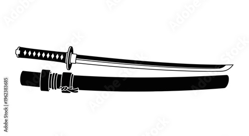 A traditional Japanese katana sword lies on its black scabbard on a white surface.