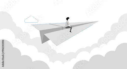 A person rides a paper airplane soaring through clouds in the sky.