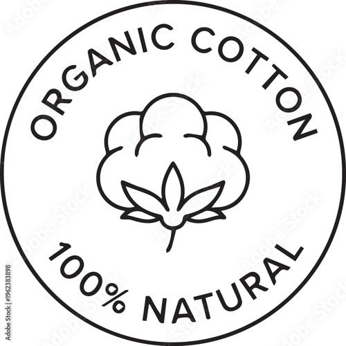 An organic cotton logo featuring a stylized cotton flower with the words organic cotton and 100 percent natural