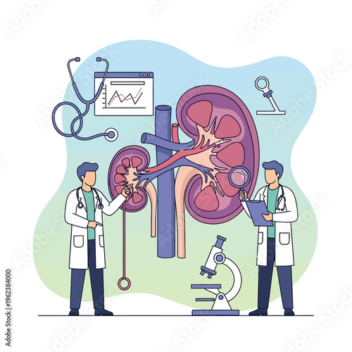 Medical Team Studying Kidney Anatomy with Microscope and Stethoscope