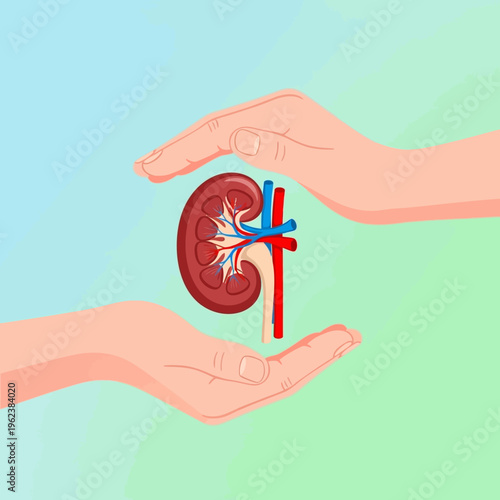 Protecting Kidney Health: Hands Cupping Human Kidney with Blood Vessels