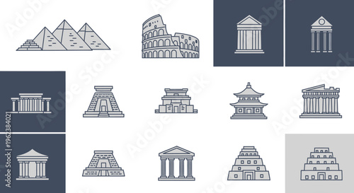 A collection of various ancient architectural icons and monuments in gray on a white background with dark blue squares.