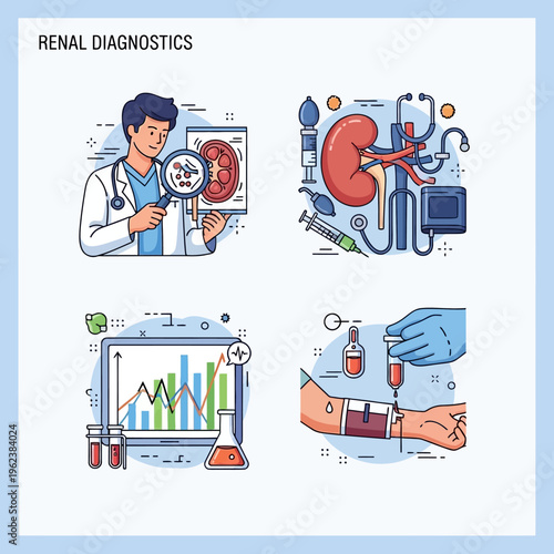 Renal Diagnostics: Doctor examining kidney, medical equipment, lab tests, blood draw, healthcare concept