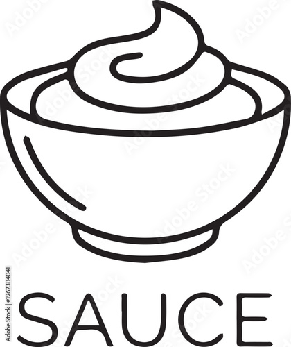 A simple line drawing of a bowl of sauce on a plain white background with the word sauce written below it
