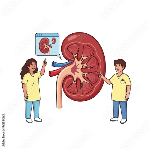 Medical Professionals Explain Kidney Anatomy with Cross-Sectional Diagram