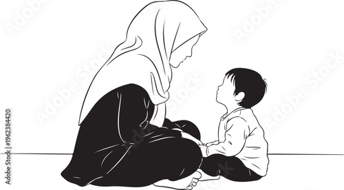 A mother kneeling and gently interacting with her curious young child in a tender moment isolated on transparent background, Vector