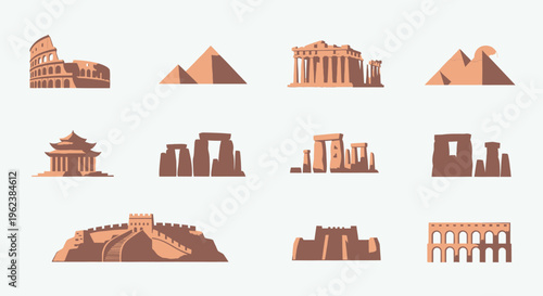 Flat lay of various iconic landmarks and monuments in brown hues on a light background.