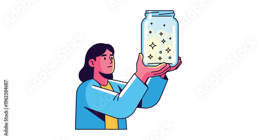 A cartoon woman holding a jar filled with sparkling stars and looking up at it with wonder
