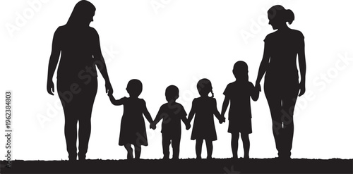 Two adults holding hands with five children in a family portrait silhouette isolated on transparent background, Vector