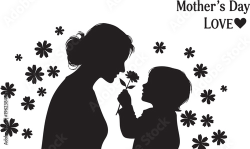 A touching silhouette of a mother and child sharing a flower on mother's day isolated on transparent background, Vector