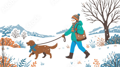 A woman wearing a green coat and blue jeans walks her brown dog through a snowy winter landscape with mountains and bare trees in the background