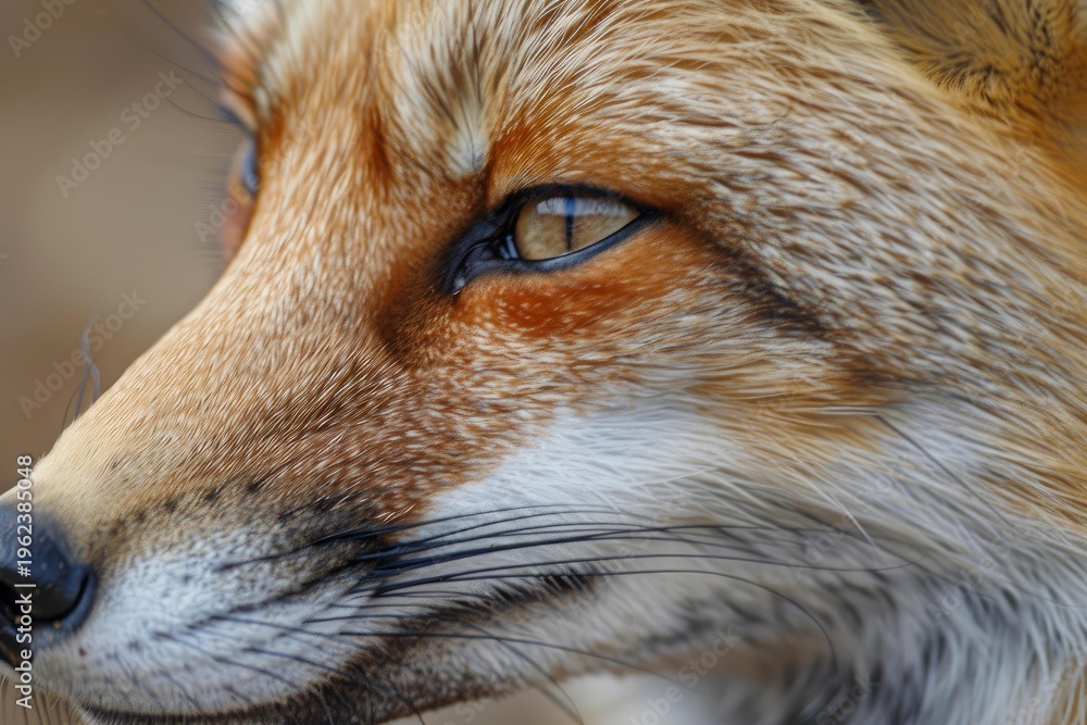 Naklejka premium Close up of a red fox's face highlighting the intricate details of its fur, nose, and expressive eye