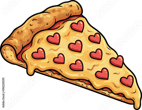 An illustration of a slice of pizza with melted cheese and red hearts on top against a white background