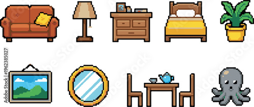 A collection of pixel art icons featuring various household items and a fantasy creature on a white background