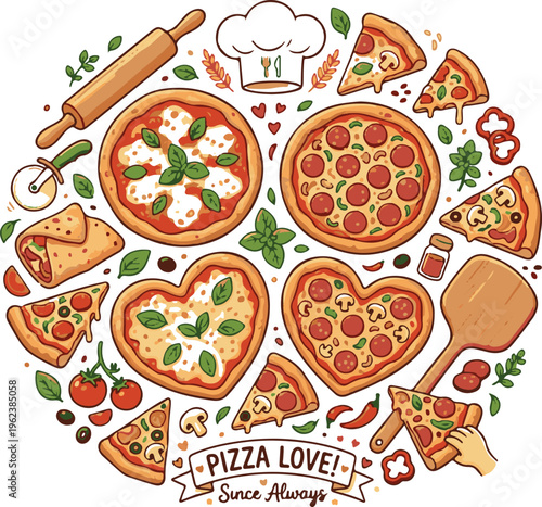 A colorful illustration of various pizza slices and hearts with the words Pizza Love Since Always on a white background
