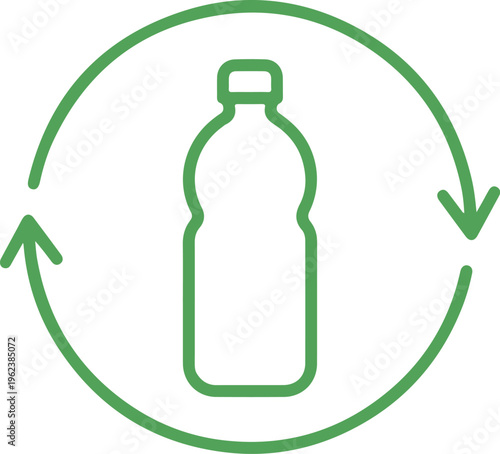A green line drawing of a plastic bottle enclosed in a circular recycling symbol on a white background