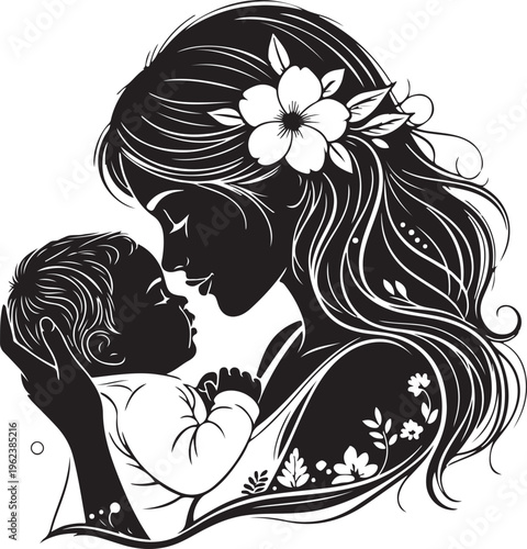 A tender moment of a mother embracing her child with floral elegance in silhouette art isolated on transparent background, Vector