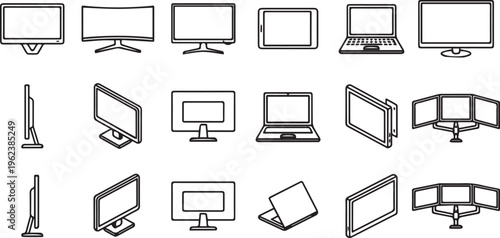 A collection of various computer monitor and laptop illustrations in black and white line art on a plain white background