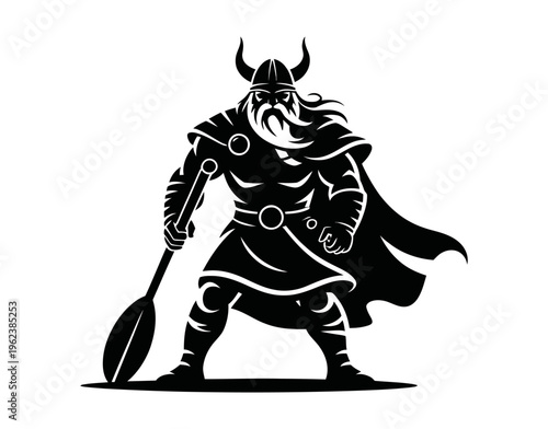 Powerful Viking warrior silhouette with horned helmet and mace standing in aggressive battle pose