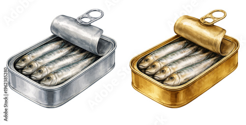 Watercolor sardine tin collection illustration with canned fish in silver and gold tins isolated on white background.