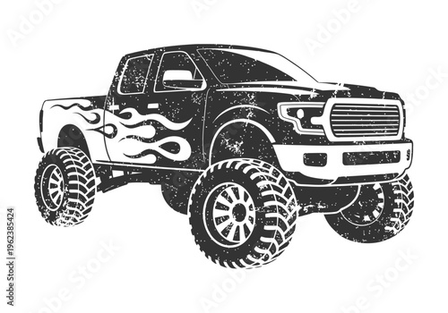 Powerful off-road monster truck silhouette with flames and large tires in a vintage grunge style