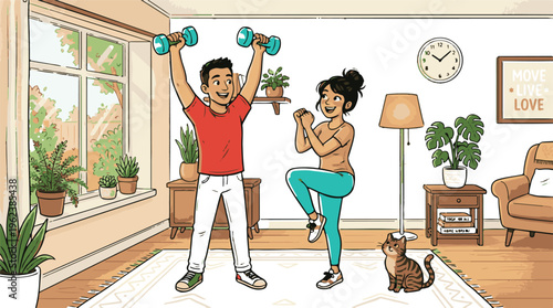 A cartoon illustration of a man and woman exercising at home with dumbbells while a cat watches them in a cozy living room with plants and a clock on the wall.