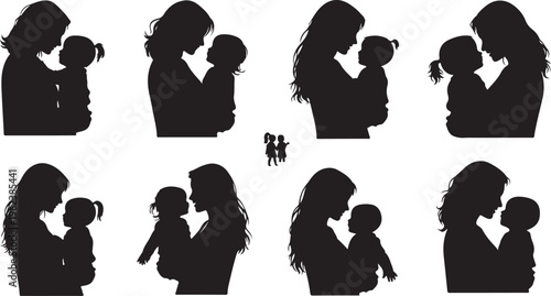 Silhouettes of mothers and children sharing tender moments in various poses isolated on transparent background, Vector