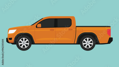 Orange pickup truck in side view, showing a double cab utility vehicle for transportation, logistics, and everyday driving concept, car for road safety theme, flat vector illustration
