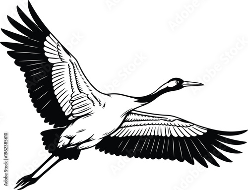 Black and white illustration of a flying crane