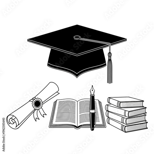 Graduation Cap, Diploma, Open Book, and Stack of Books with Pen - Education Concept