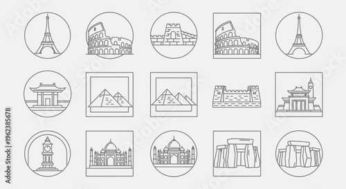 A collection of 15 black and white line drawings of famous landmarks from around the world in various circular and square frames on a plain white background.