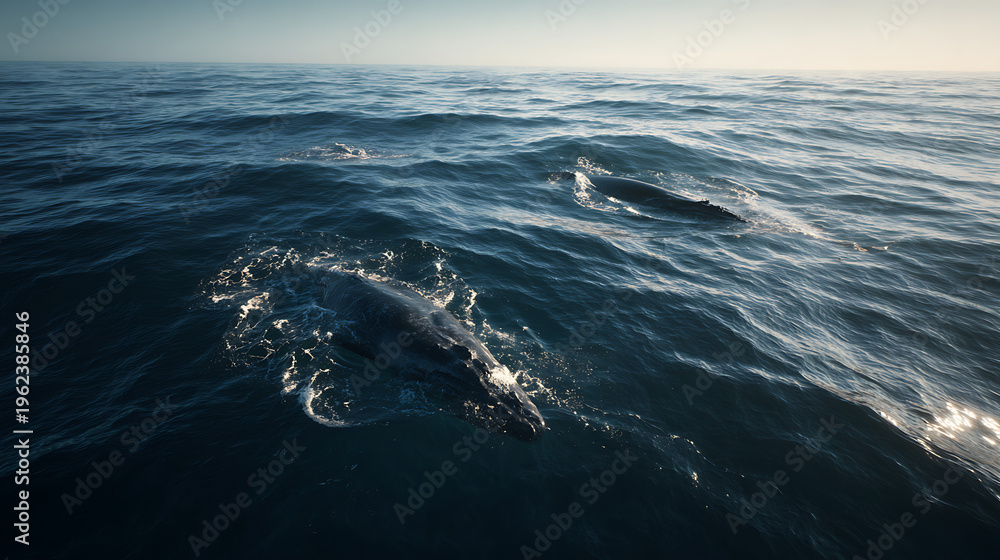 Fototapeta premium Two whales swimming in the ocean with waves and sunlight reflecting on the water surface