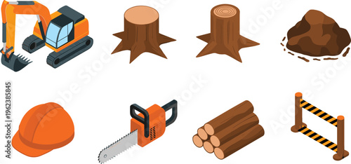 Isometric forestry and construction equipment set with excavator, chainsaw, tree stumps, logs and safety gear, logging industry and wood processing illustration