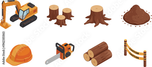 Isometric forestry and construction icon set with excavator, chainsaw, tree stumps, logs, soil and safety helmet, logging industry illustration