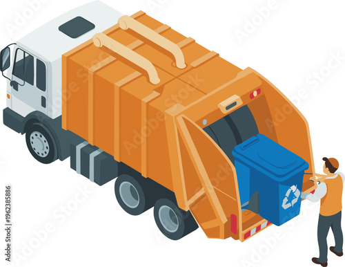 Isometric garbage truck collecting recycling waste with worker sanitation service waste management environmental cleaning concept illustration