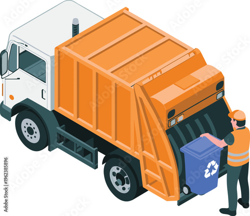 Isometric garbage truck collecting recycling waste with sanitation worker environmental service waste management urban cleaning concept illustration