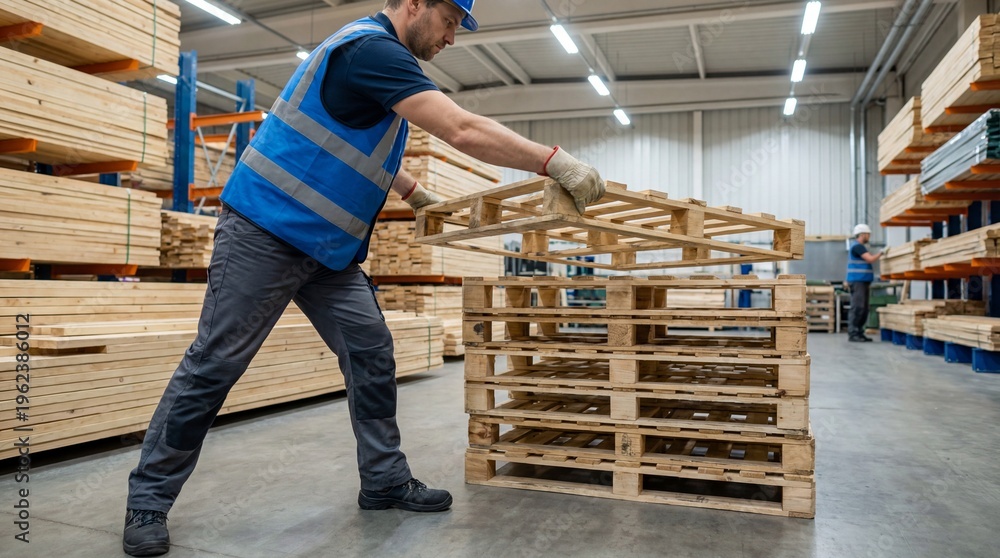 Fototapeta premium Warehouse worker stacking wooden pallets in industrial environment 