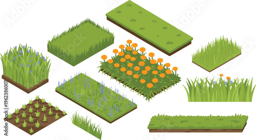 Isometric grass lawn and flower garden collection with landscaping greenery botanical plants outdoor nature illustration design set