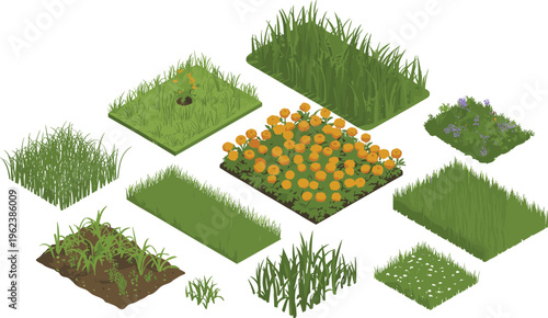 Isometric grass and garden elements collection with flowers lawn patches landscaping greenery botanical nature outdoor illustration design set