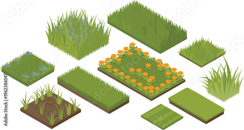 Isometric grass lawn and garden plants collection with flowers landscaping greenery botanical elements nature outdoor illustration design set