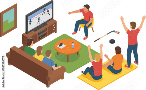 Isometric group watching hockey game on TV cheering fans living room sports entertainment celebration scene illustration