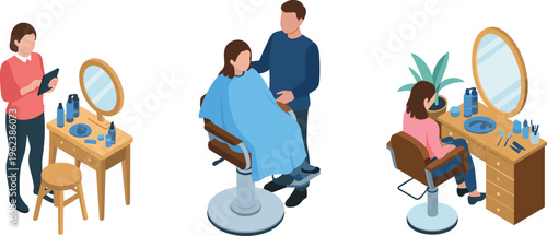 Isometric hair salon with stylist cutting hair beauty service makeup station grooming concept professional illustration design