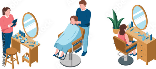 Isometric hair salon with stylist cutting hair beauty service makeup station grooming professional hairstyling concept illustration