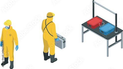 Isometric hazmat workers in protective suits handling hazardous containers with safety equipment chemical risk control illustration scene
